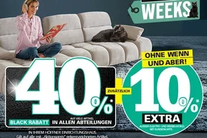 🖤🔥 Black Weeks:  40% Rabatt* auf Aktionspreise + 10%* mit Kundenkarte auf alles außer Elektro- und Werbeartikel in Ihrem Möbelhaus