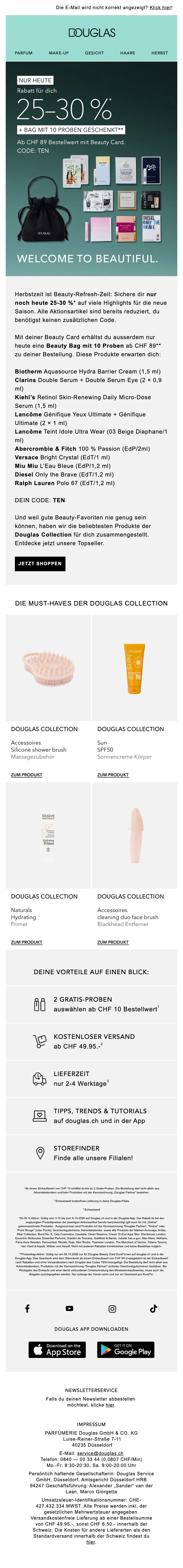Nachweis des Gutscheins - Douglas - Gutschein: 25 % bis 30 % Rabatt auf [[Herbst-Beauty]], gratis Probentasche ab CHF 89