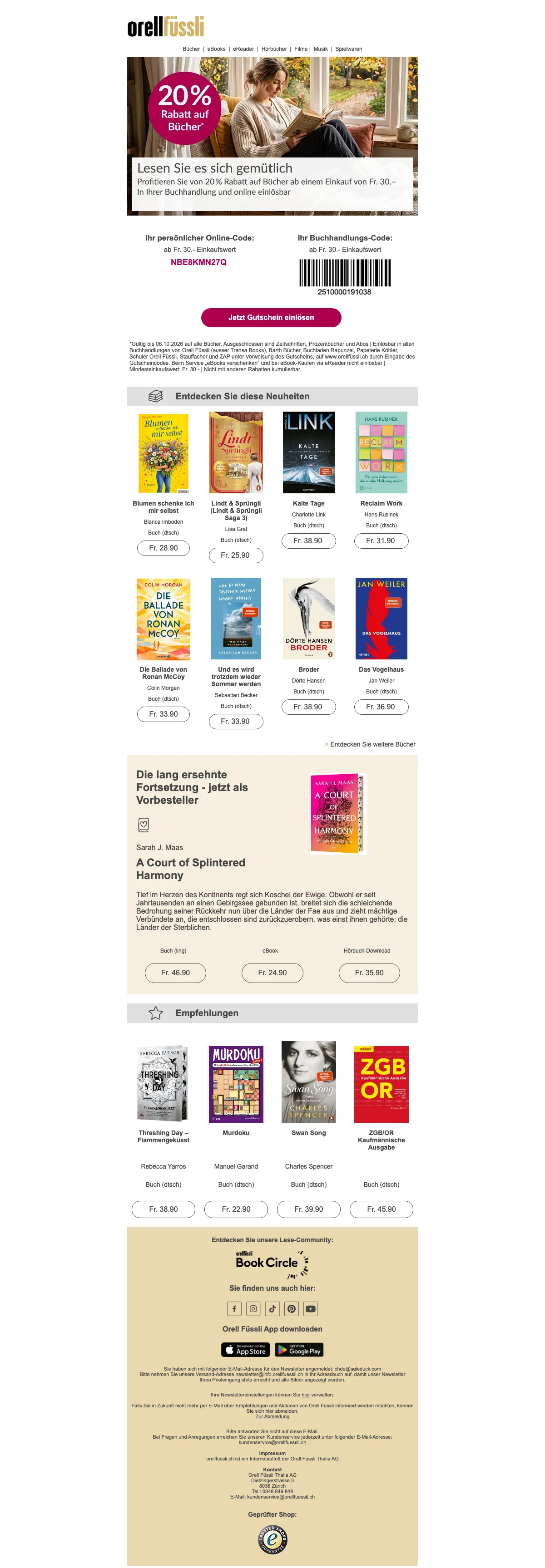 Nachweis des Gutscheins - Orell Füssli - 20 % Rabatt auf Bücher ab CHF 30 Einkaufswert