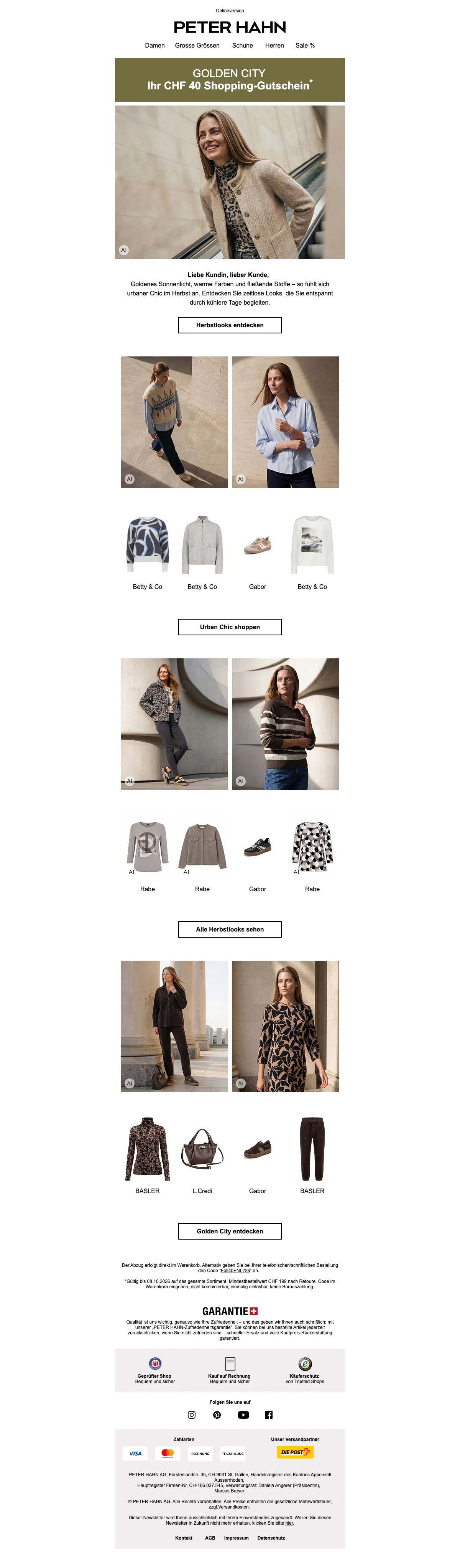 Nachweis des Gutscheins - Peter Hahn - Angebot: [[Geschenkgutschein]] für Herbstmode, ab CHF 199 Bestellwert