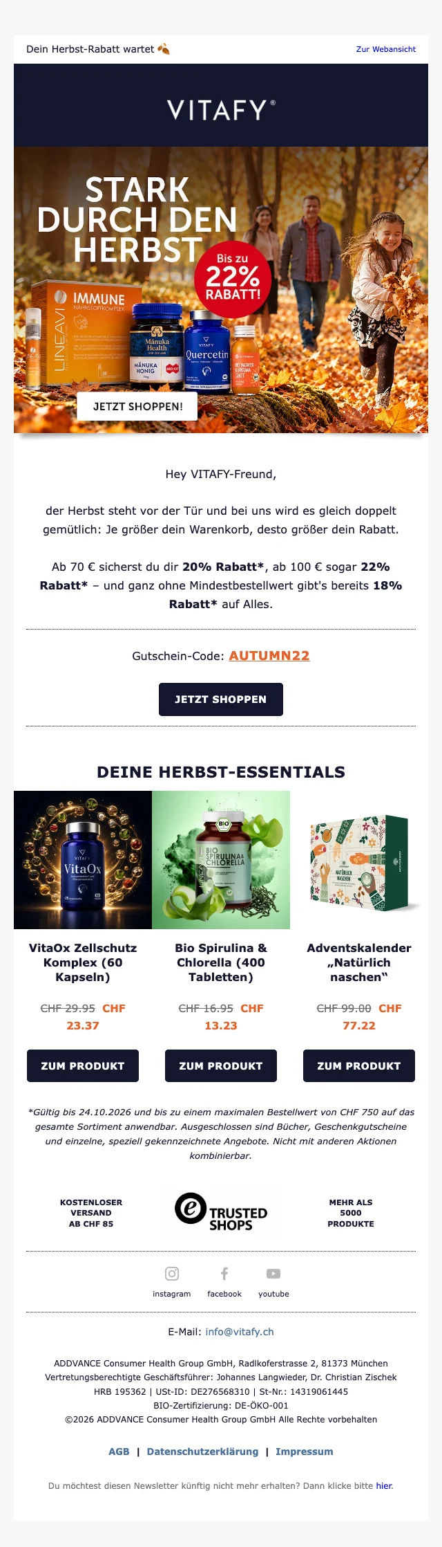 Nachweis des Gutscheins - vitafy - Herbstaktion: bis zu 22 % Rabatt gestaffelt nach Warenkorb
