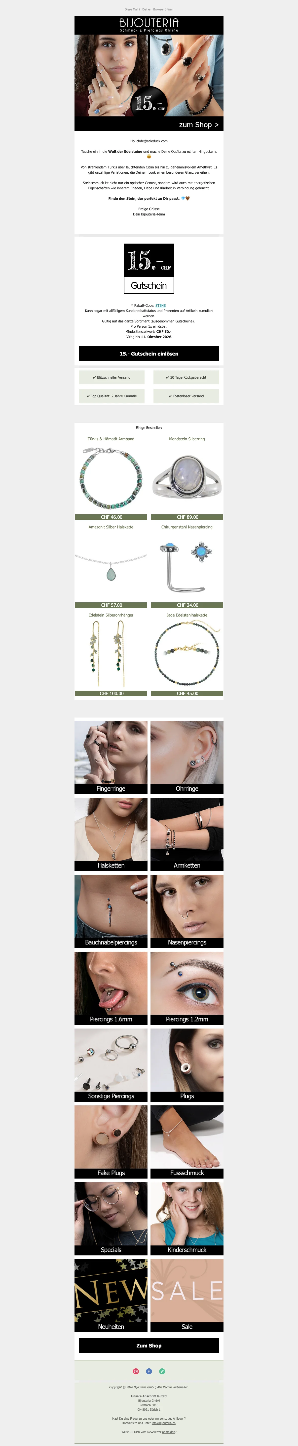 Nachweis des Gutscheins - Bijouteria - [[CHF 15 Gutschein]] auf Steinschmuck ab CHF 50 Bestellwert