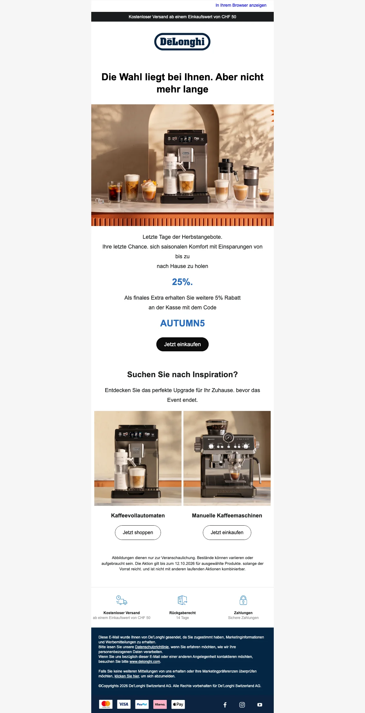 Nachweis des Gutscheins - DeLonghi - Bis zu [[25 % Rabatt]] plus 5 % extra mit Code an der Kasse