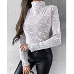 Lace Frill Hem Mock Neck Long Sleeve T-Shirt Sexy Floral Sheer Mesh Hollow Out Top
