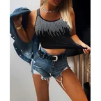 Round Neck Rhinestone Decor Skinny Tank Top