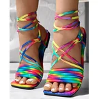Rainbow Ombre Criss Cross Square Toe Flat Sandals