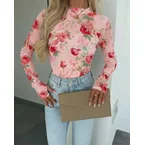 Floral Print Mock Neck Long Sleeve Tee Slim Fit Sheer Mesh Layering Top with Thumb Hole Cuffs