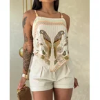 Tropical Animal & Plants Print Square Neck Adjustable Spaghetti Straps Top Sexy Backless Tie Back Asymmetrical Hem Cami Top