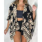 Vintage Baroque Print Open Front Half Sleeve Cover-up Casual Hollow-out Back Loose Fit Cardigan