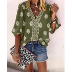 Vintage Baroque Placement Print V-Neck Lantern Sleeve Blouse Casual Long Sleeve Loose Fit Boho Top