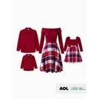 Matching Family Outfit Set Long-sleeve Shirt and Off Shoulder Long-sleeve Plaid Splicing Knitted Dress Burgundy