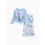 Disney Frozen Toddler/Kids Girl 2pcs Elsa Chic Hem Cotton Long-sleeve Top and Floral Printed Flare Pants Set Blue