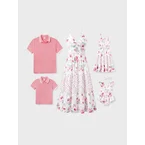 Family Matching Outfits Set Solid Color Short-sleeve Polo Collar Shirt or Flower Print Hollow out Dress  Pink
