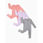 Bamboo Baby Boy / Girl 3-Pack Solid&Rainbow Printed 2-Way Zip Romper Anti Slip Long-sleeve Footie Purple