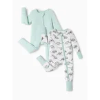 Bamboo Baby Boy/Girl 2-Pack Cute Animal Long Sleeve Romper 2-Way Zip Anti Slip Footie Pale Green