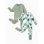 Bamboo Baby Boy/Girl 2-Pack Natural Animal or Plant Long Sleeve Romper 2-Way Zip Anti Slip Footie Green