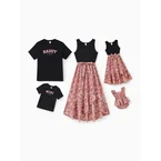 Family Matching Cotton T-Shirt & Dress Set Daddy / Mini Print Black Tee for Dad and boy, Floral Print splicing Dress for Mom, girl and Baby, Perfect for Summer Family Outings Black