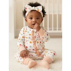 Bamboo Baby Boy/Girl Animal Printed 2-Way Zipper Anti Slip Long-sleeve Footie with/without Hairband Apricot