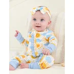 Bamboo Baby Boy/Girl Animal Printed 2-Way Zipper Anti Slip Long-sleeve Footie with/without Hairband Light Blue