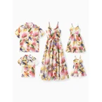 Family Matching Sets Tropical Floral V-Neck Dress & Short Sleeve Tee with Adjustable Straps Deep White Apricot