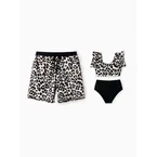 Daddy & Daughter Leopard Pattern Drawstring Swim Trunks or Ruffle Neck Two-Piece Bikini with Optional Cover Up Sarong Skirt Black