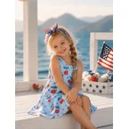 Independence Day Toddler Girls Patriotic Cherry/Star Print Casual Sleeveless Dress Light Blue