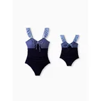 Mommy & me Ruched Bow Tie Cut Out Mesh Ruffle Strap One-Piece Swimsuit (Quick-Dry) MultiColour