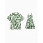 Daddy & Daughter Leaf Print Short-sleeve Shirt or Halter Dress Green Set Green