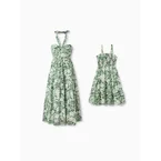 Mommy & me Leaf Print Halter Dress Green Set Green