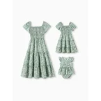 Mommy & me Elegant Broken Flower Matching Outfits for Family, Smocking Design, Medium Thickness Green