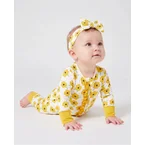 Bamboo Baby Boy/Girl Animal Printed 2-Way Zipper Anti Slip Long-sleeve Footie with/without Hairband Yellow