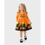 Halloween Toddler Girl Ruffle Sleeve Dress Orange