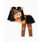 Paw Patrol 2pcs Toddler Girl Halloween Skye Graphic Long-sleeve Tee and Stripe Mesh Skirt Leggings Set ColorBlock