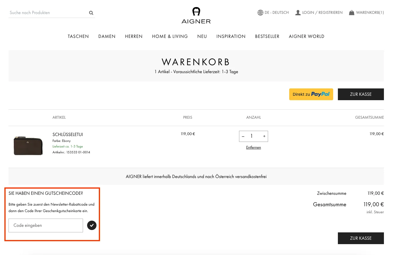 Wie verwendet man den Gutscheincode? - Aigner