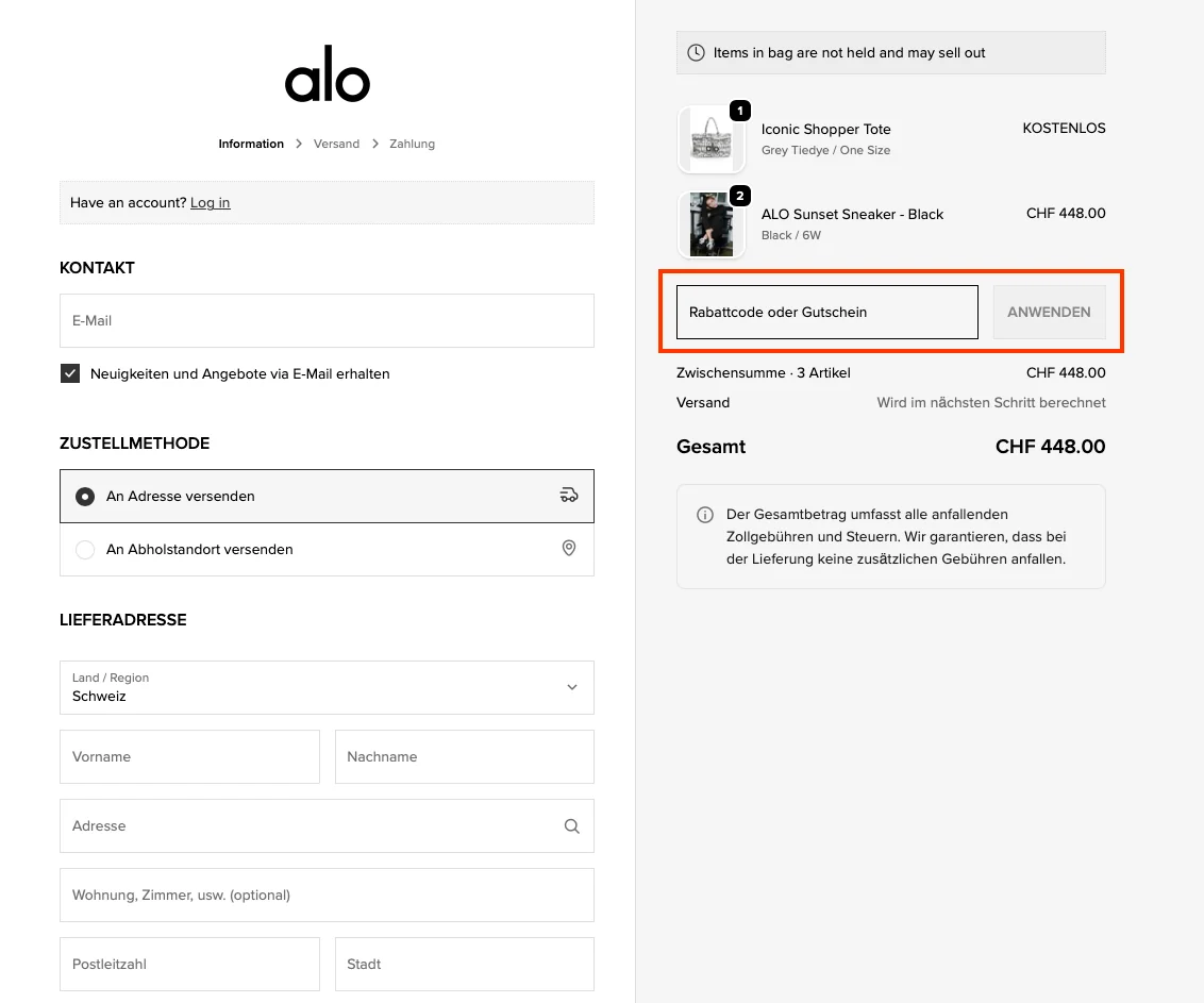 Wie verwendet man den Gutscheincode? - Alo Yoga