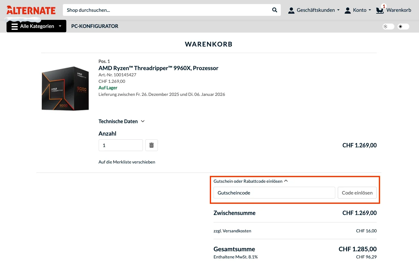 Wie verwendet man den Gutscheincode? - Alternate