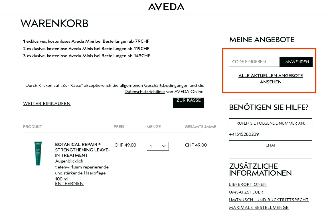Wie verwendet man den Gutscheincode? - Aveda