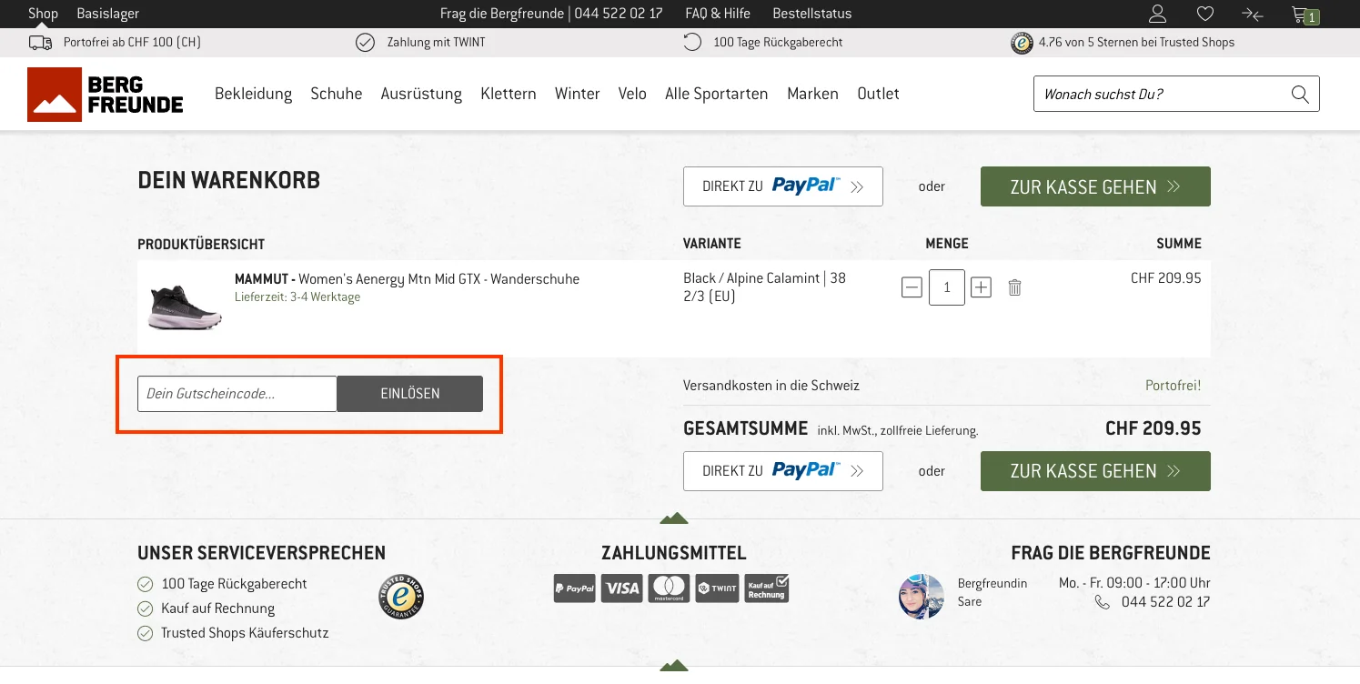 Wie verwendet man den Gutscheincode? - Bergfreunde