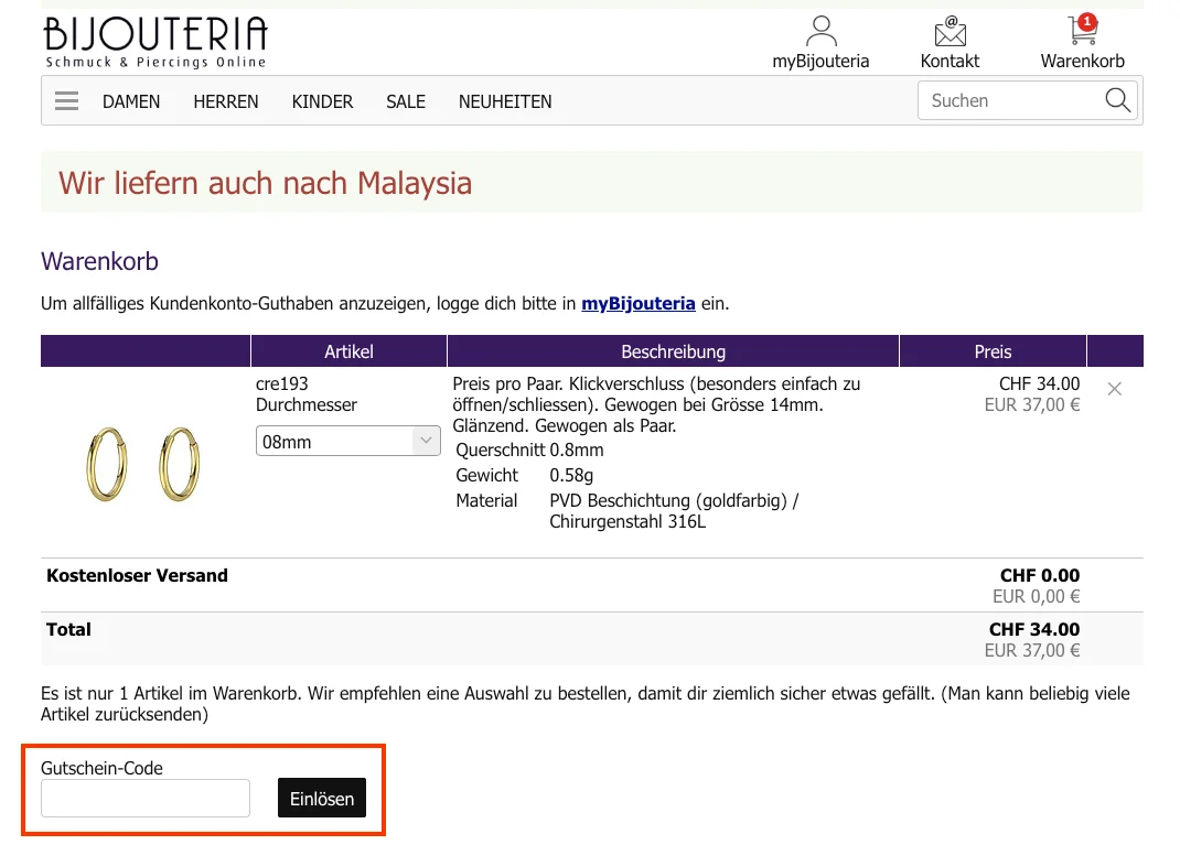 Wie verwendet man den Gutscheincode? - Bijouteria