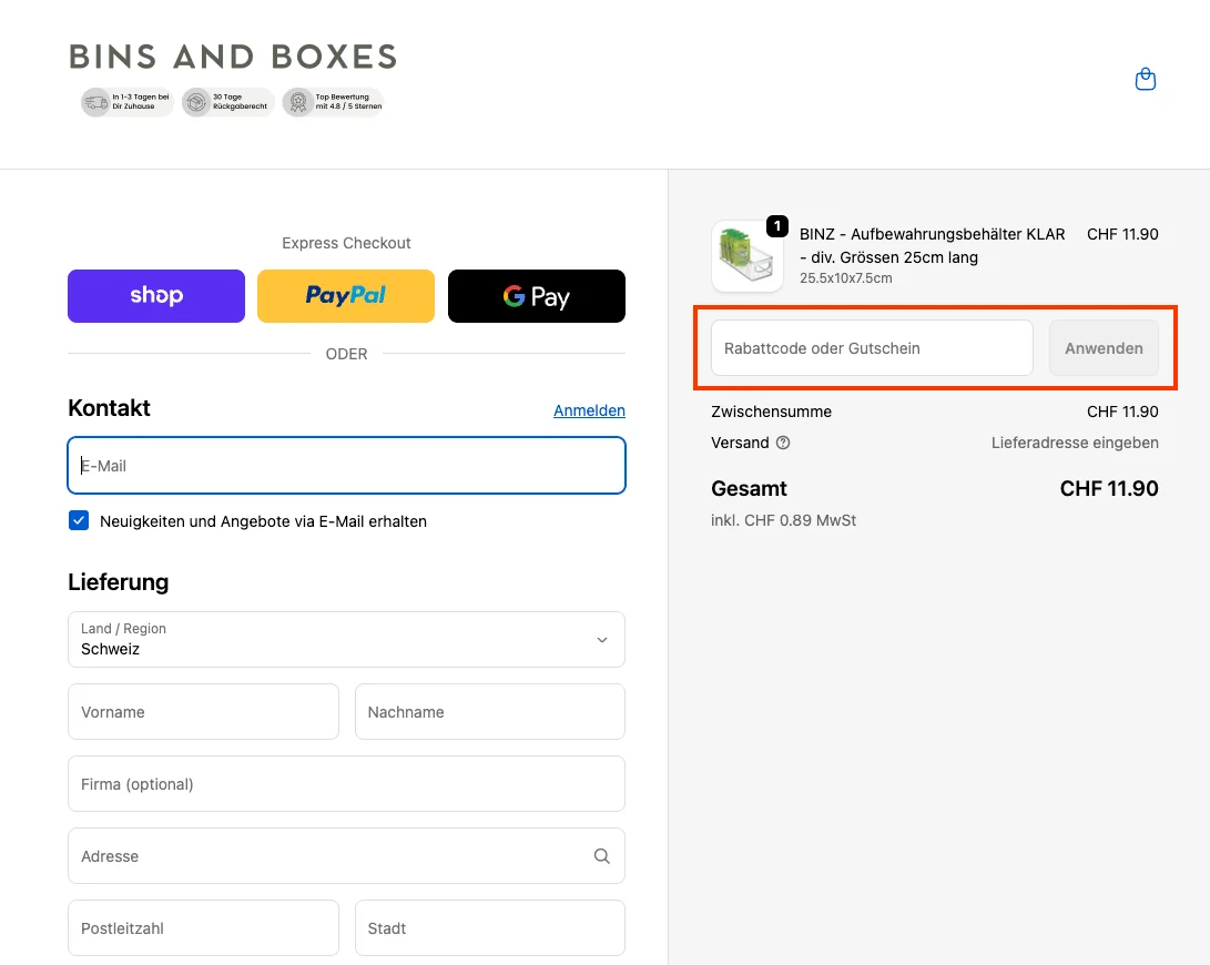 Wie verwendet man den Gutscheincode? - Bins and Boxes