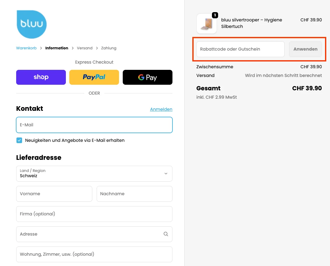 Wie verwendet man den Gutscheincode? - bluu