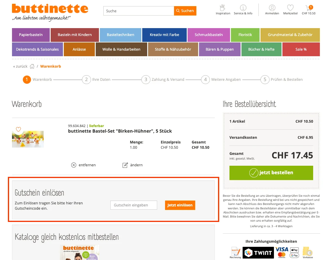 Wie verwendet man den Gutscheincode? - Buttinette