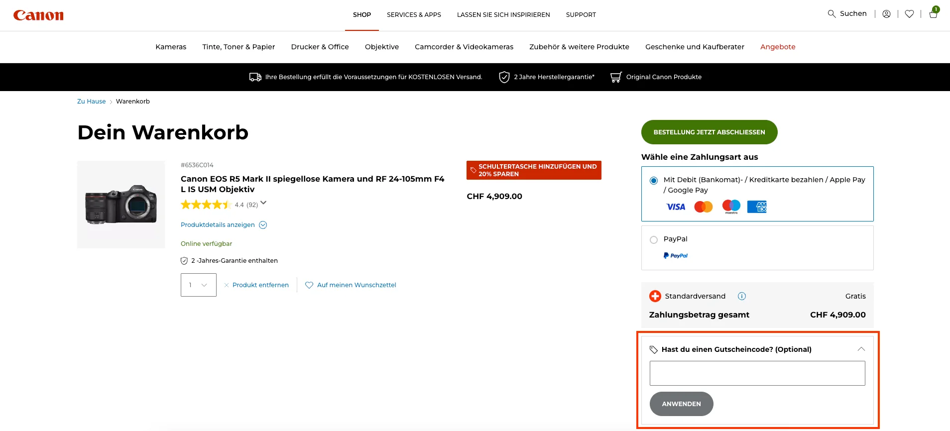 Wie verwendet man den Gutscheincode? - Canon
