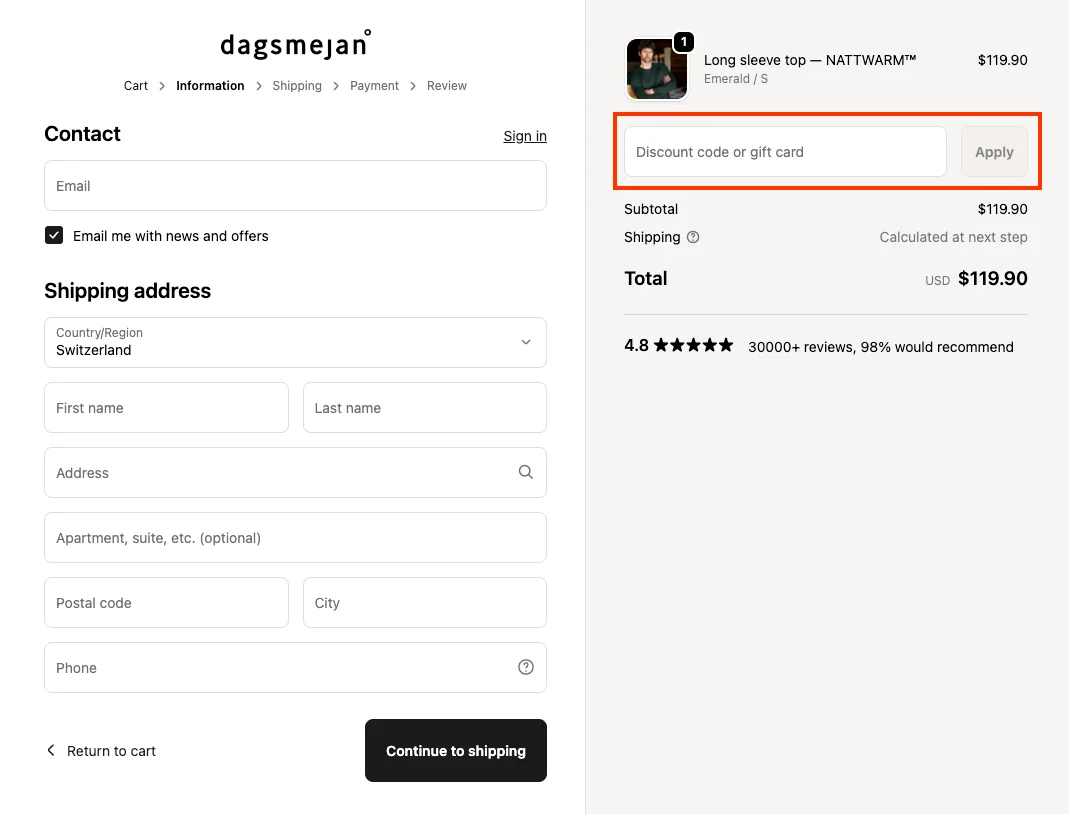 Wie verwendet man den Gutscheincode? - Dagsmejan
