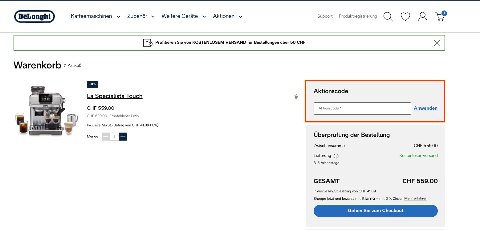Wie verwendet man den Gutscheincode? - DeLonghi