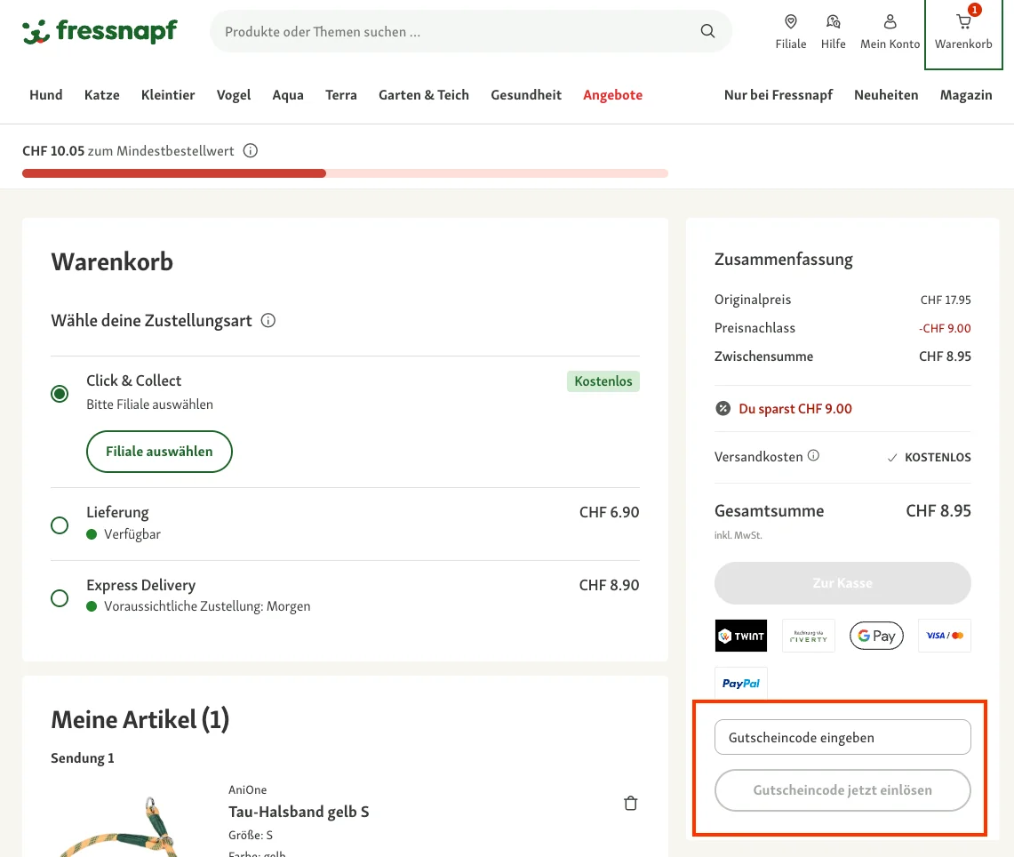 Wie verwendet man den Gutscheincode? - Fressnapf