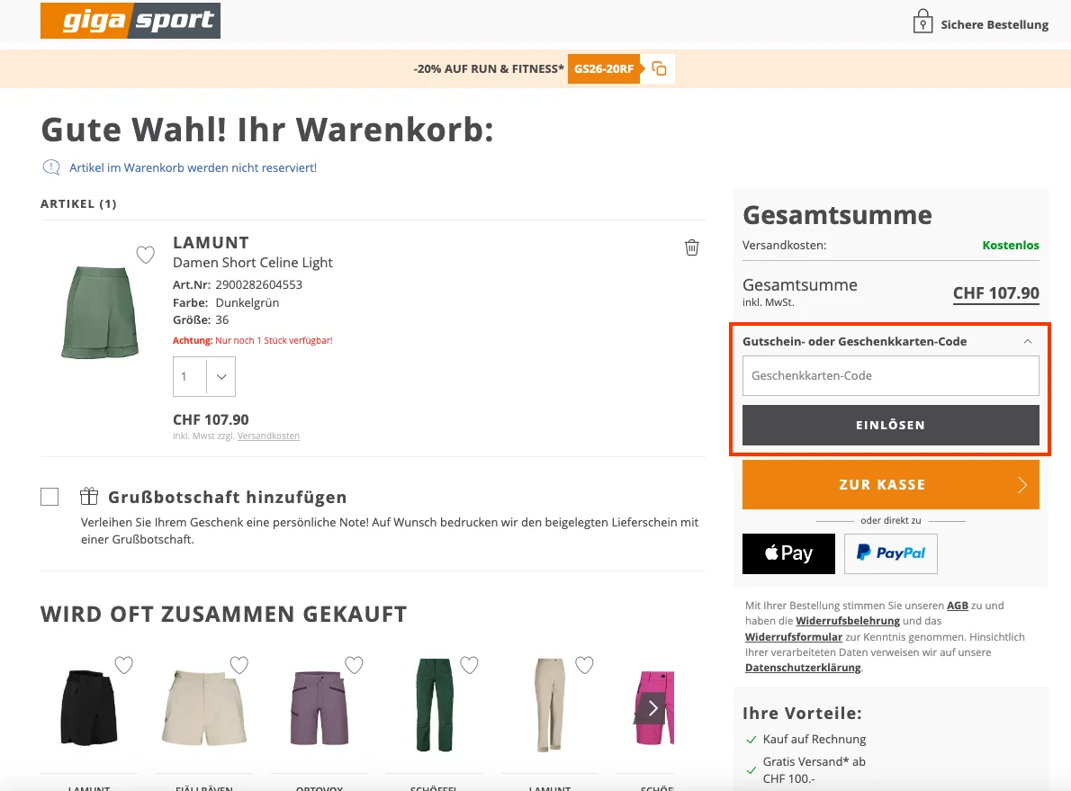 Wie verwendet man den Gutscheincode? - Gigasport