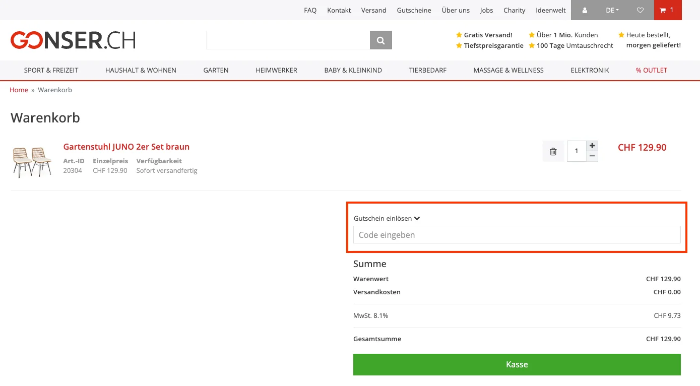 Wie verwendet man den Gutscheincode? - Gonser