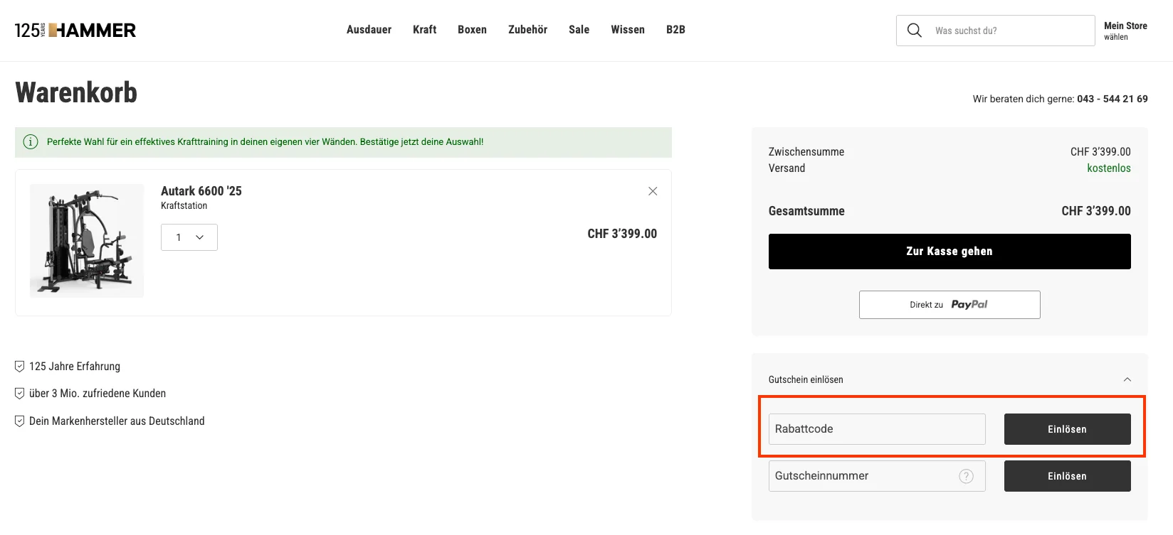 Wie verwendet man den Gutscheincode? - Hammer Fitness