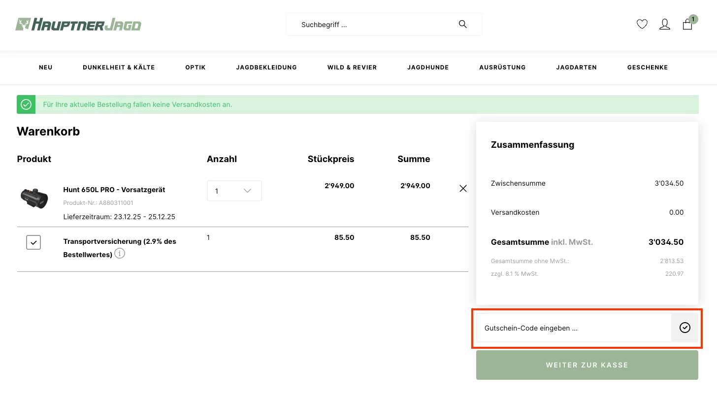Wie verwendet man den Gutscheincode? - Hauptner Jagd